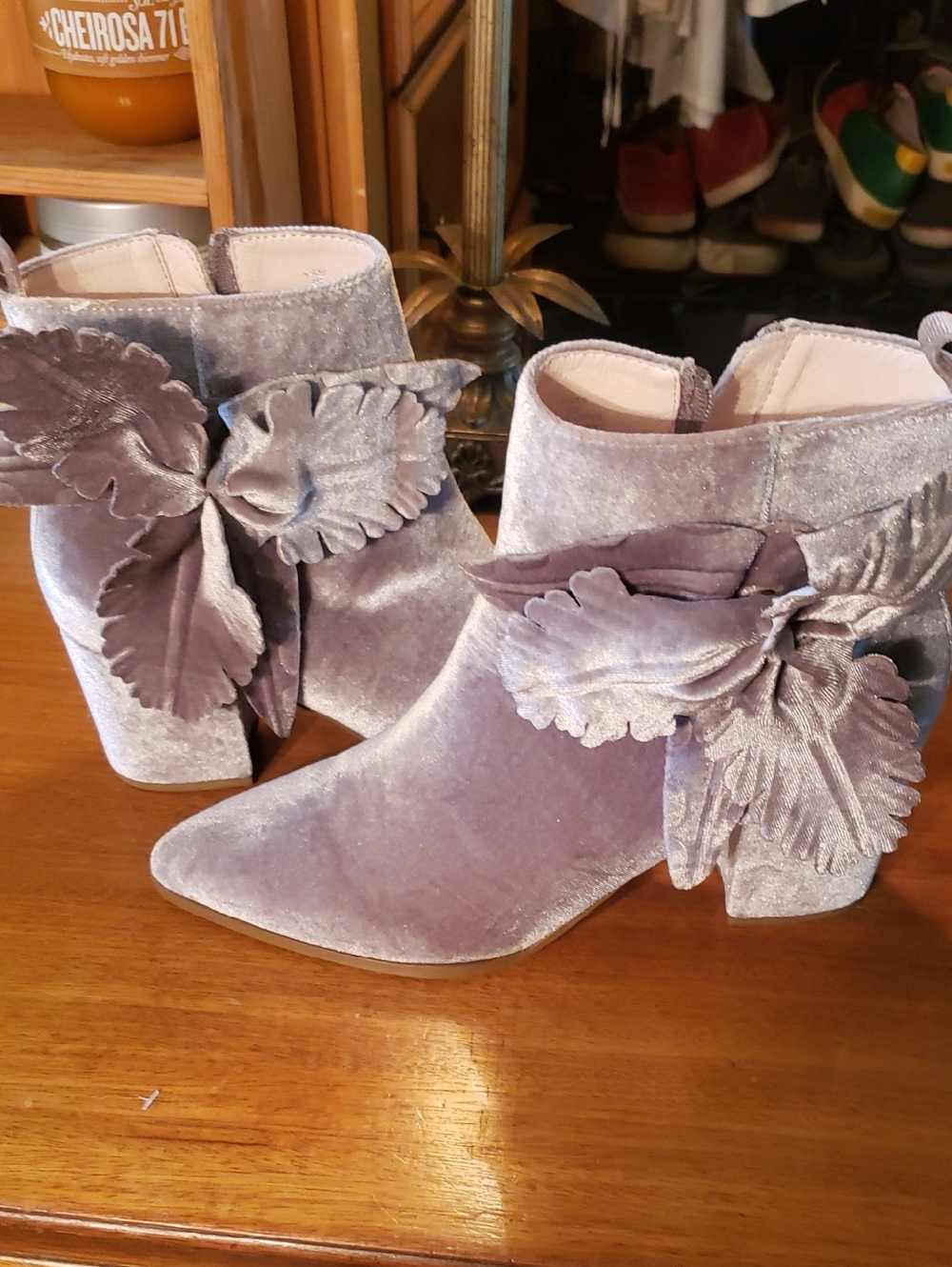 Lavender Velvet Floral-Accent Ankle Boots